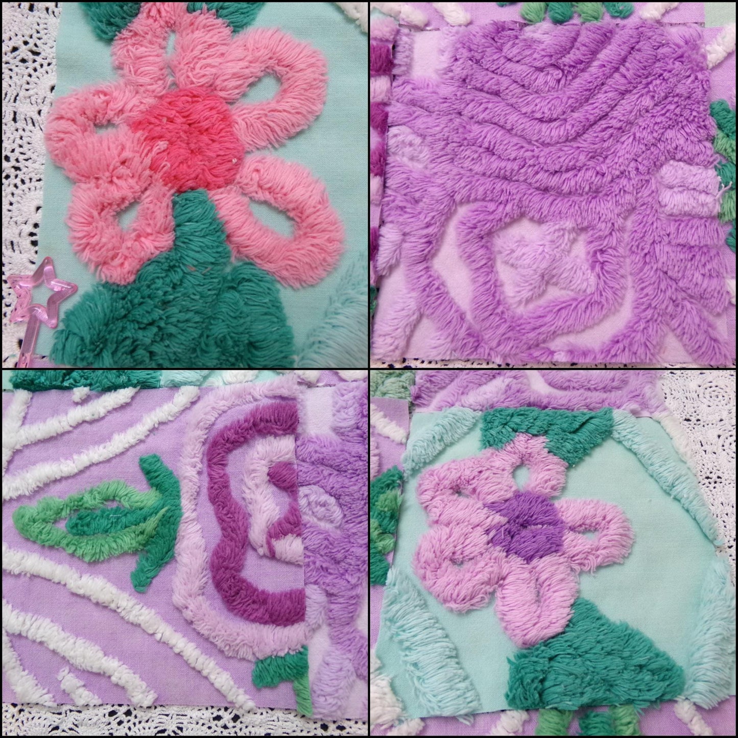 fabulous flowers vintage chenille fabric squares, set of 16 lavender green quilt blocks 6" ea