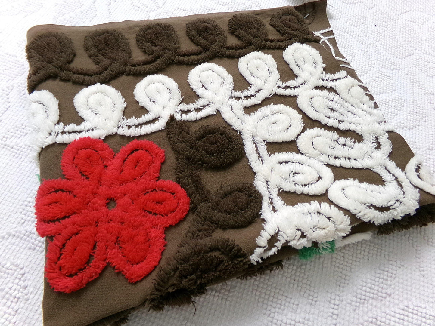 Chocolate Brown Vintage Chenille Bedspread Fabric, cherry red flowers & white swirls sewing material, 20" x 24"