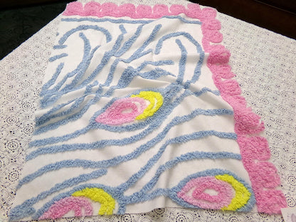 vintage style chenille bedspread fabric boho peacock feathers pink blue 19x26"
