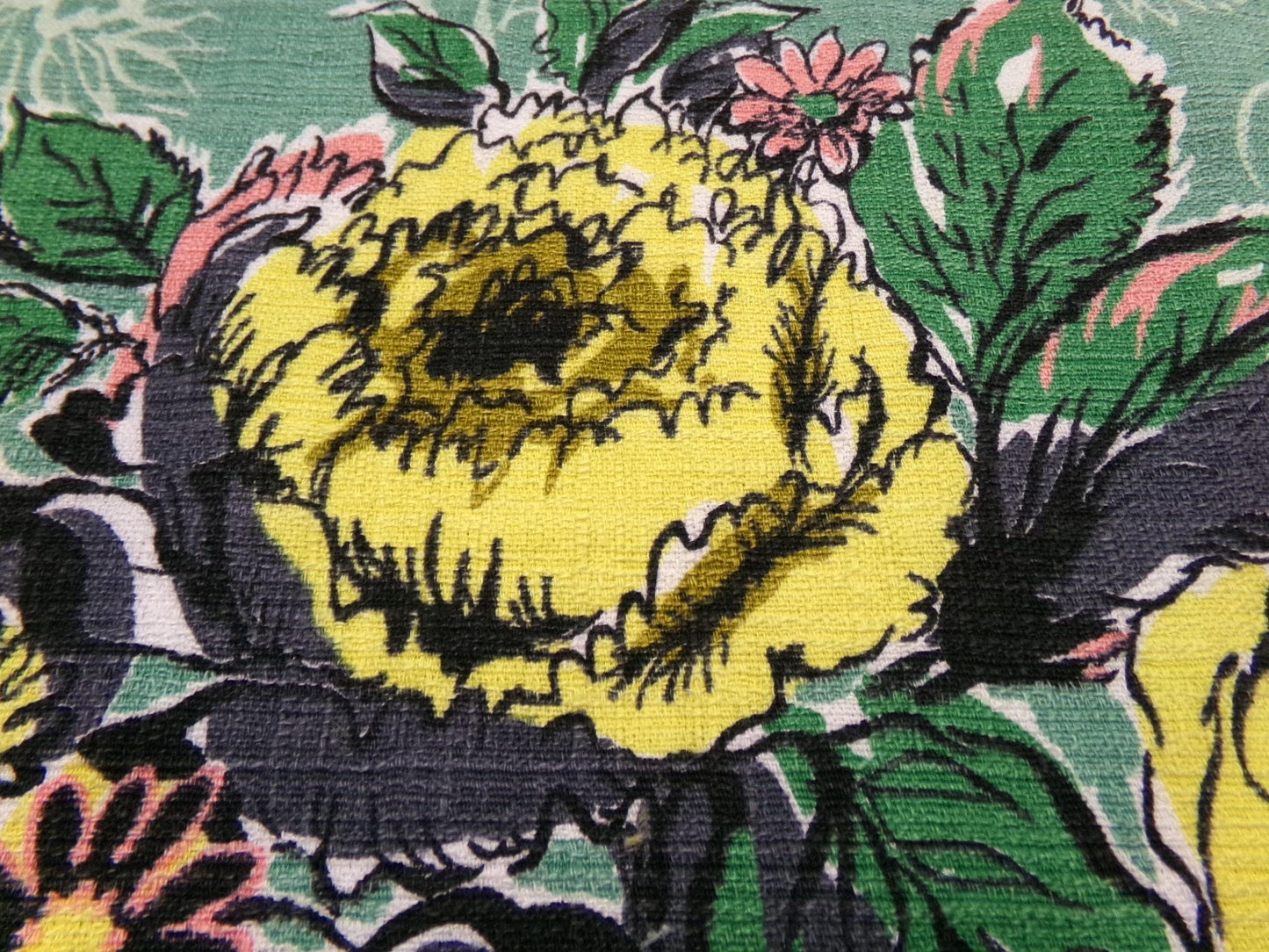 Vintage Green Floral Barkcloth Fabric Panel, Tonal Rose Shadow Leaf Design 21"x20.5"