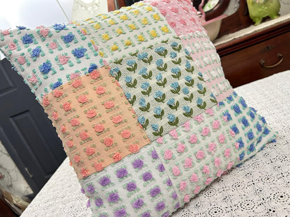 Vintage Rose Chenille Pillow Cover, 16" Square Reversible Patchwork Floral Design