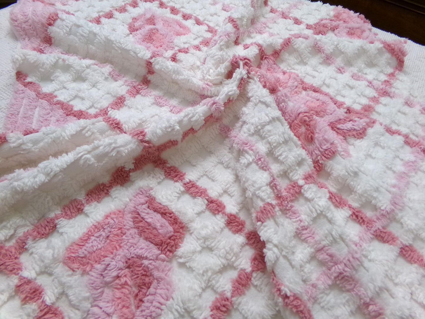 pink & white vintage chenille fabric, geometric rose floral design, 23" x 26" piece sewing material