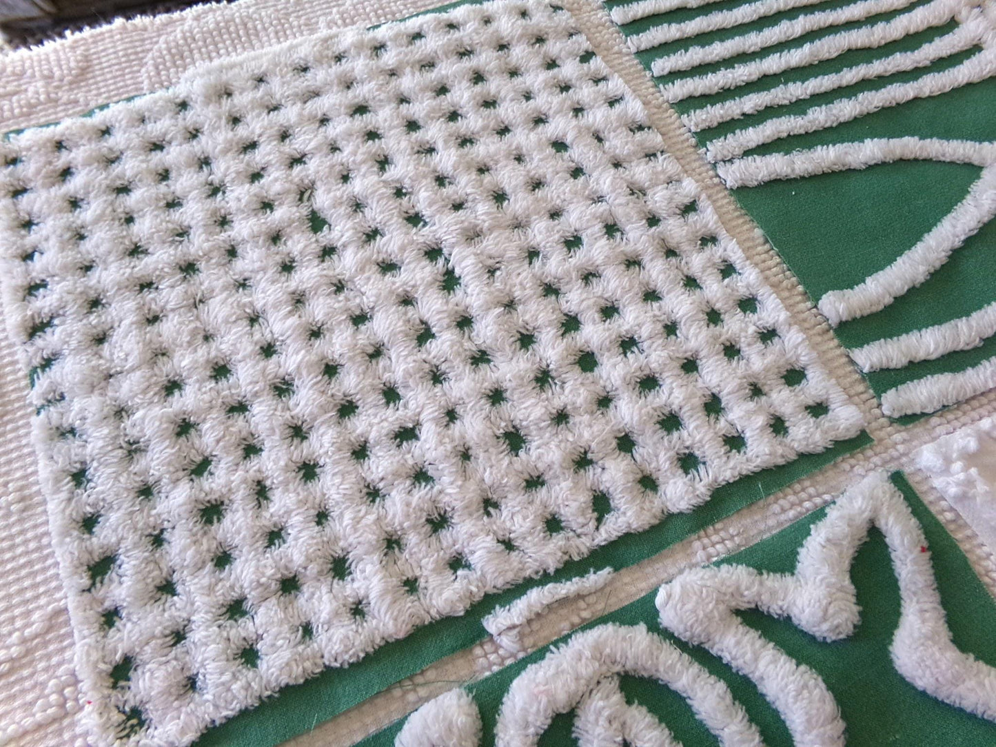 green & white chenille fabric squares, set of 6 large 9.5" square craft and quilt blocks, cut from vintage chenille bedspreads