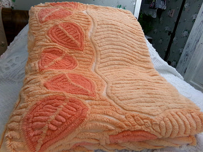 Boho Falling Leaves Vintage Chenille Bedspread, Apricot Peach Twin Size