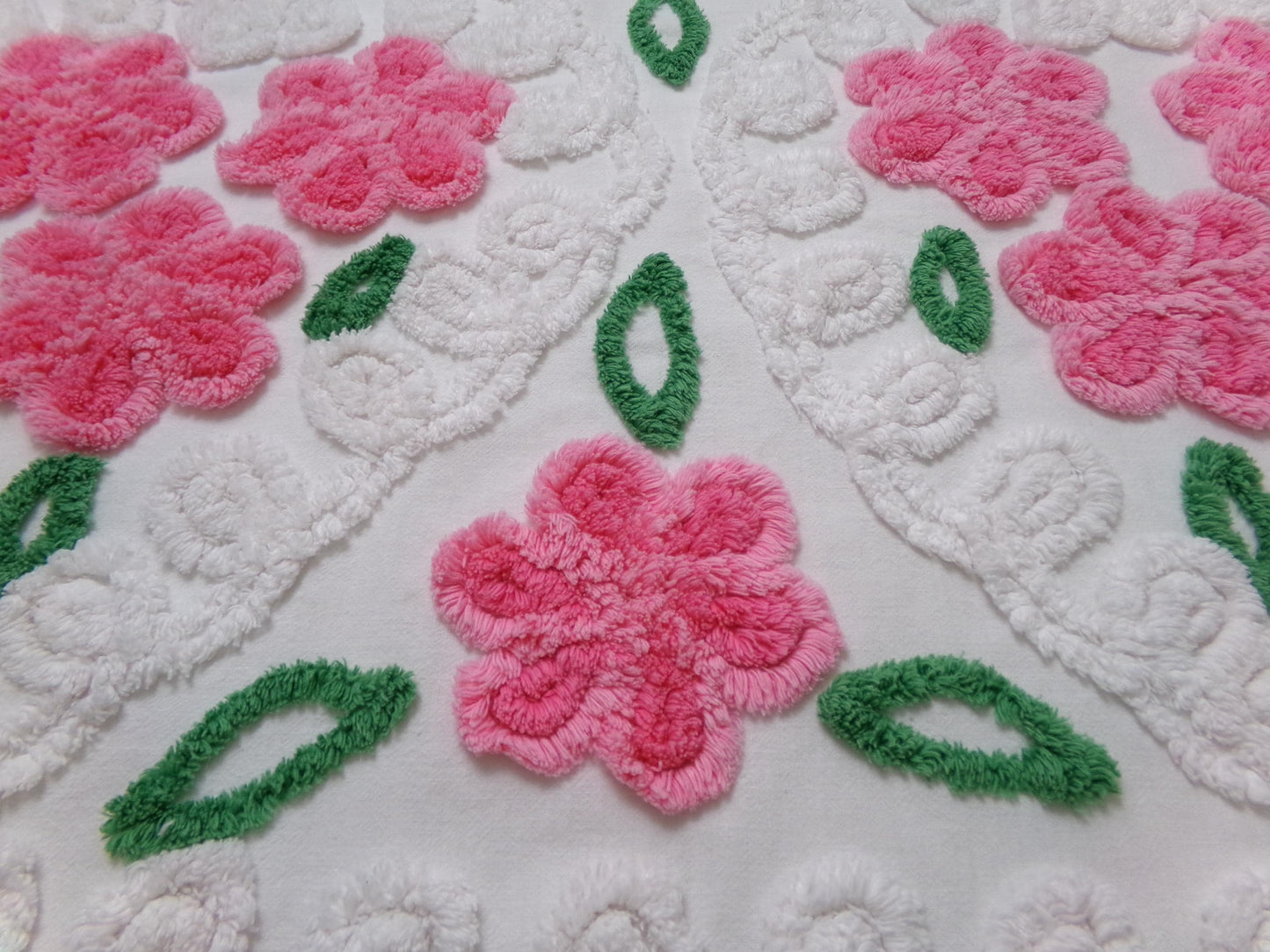 Pink White Floral Vintage Chenille Bedspread Fabric Sewing & Quilt Material 20" x 26"