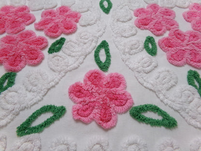 Pink White Floral Vintage Chenille Bedspread Fabric Sewing & Quilt Material 20" x 26"