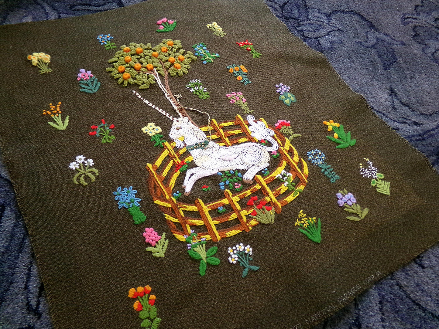 Unicorn in Captivity Vtg Crewel Embroidery, Finished Paragon 0846 Stitchery Medieval Old World Tapestry Style Adaptation
