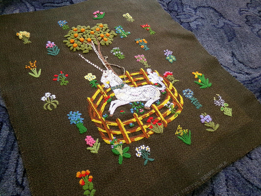 Unicorn in Captivity Vtg Crewel Embroidery, Finished Paragon 0846 Stitchery Medieval Old World Tapestry Style Adaptation