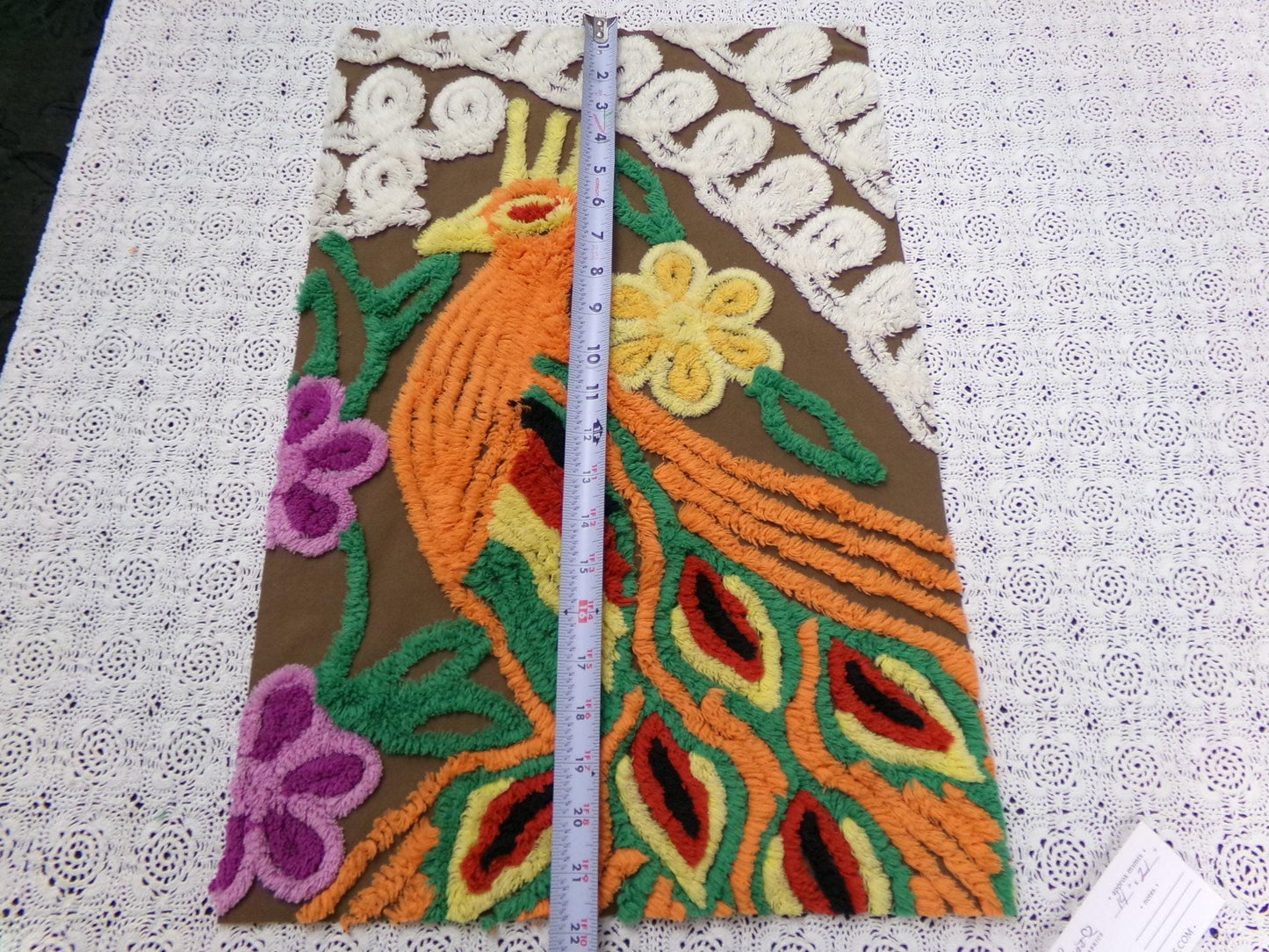 peacock vintage chenille bedspread fabric boho bird brown orange 14x21" small piece