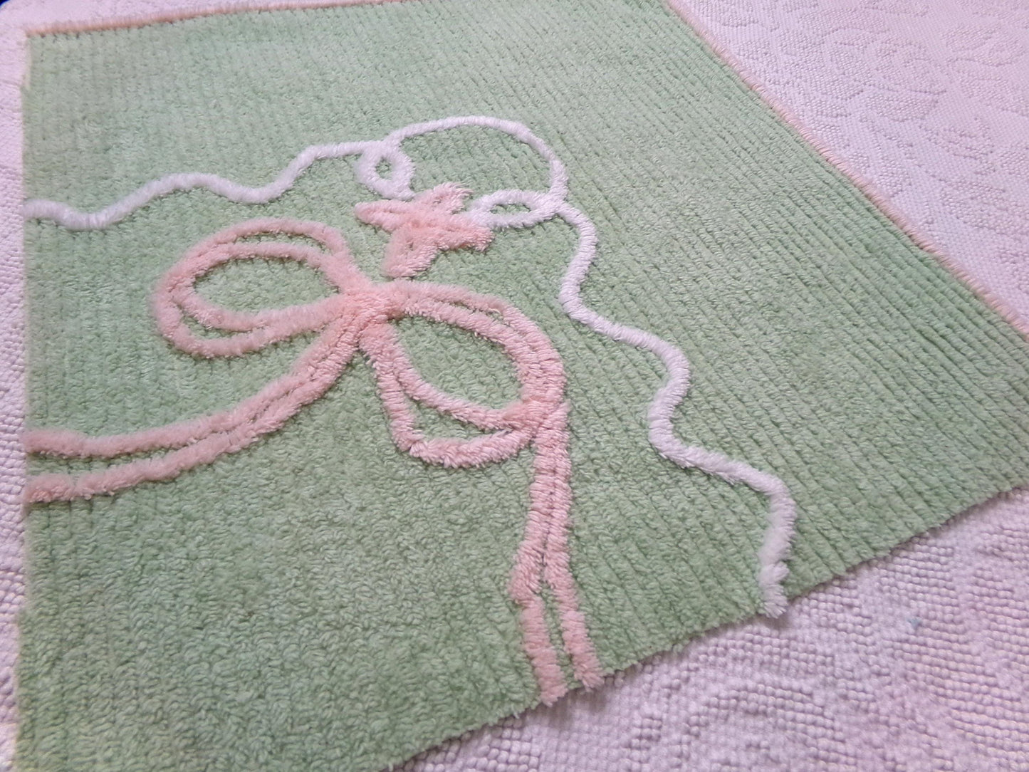 Soothing Mint Green Vintage Chenille Fabric Pink Lily Bow, 17" x 18"
