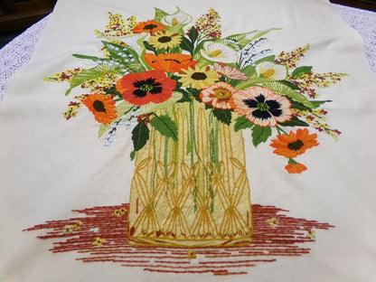 Boho Autumn Bouquet Finished Crewel Embroidery, Vintage Paragon Needlecraft 0408, Floral Wall Art