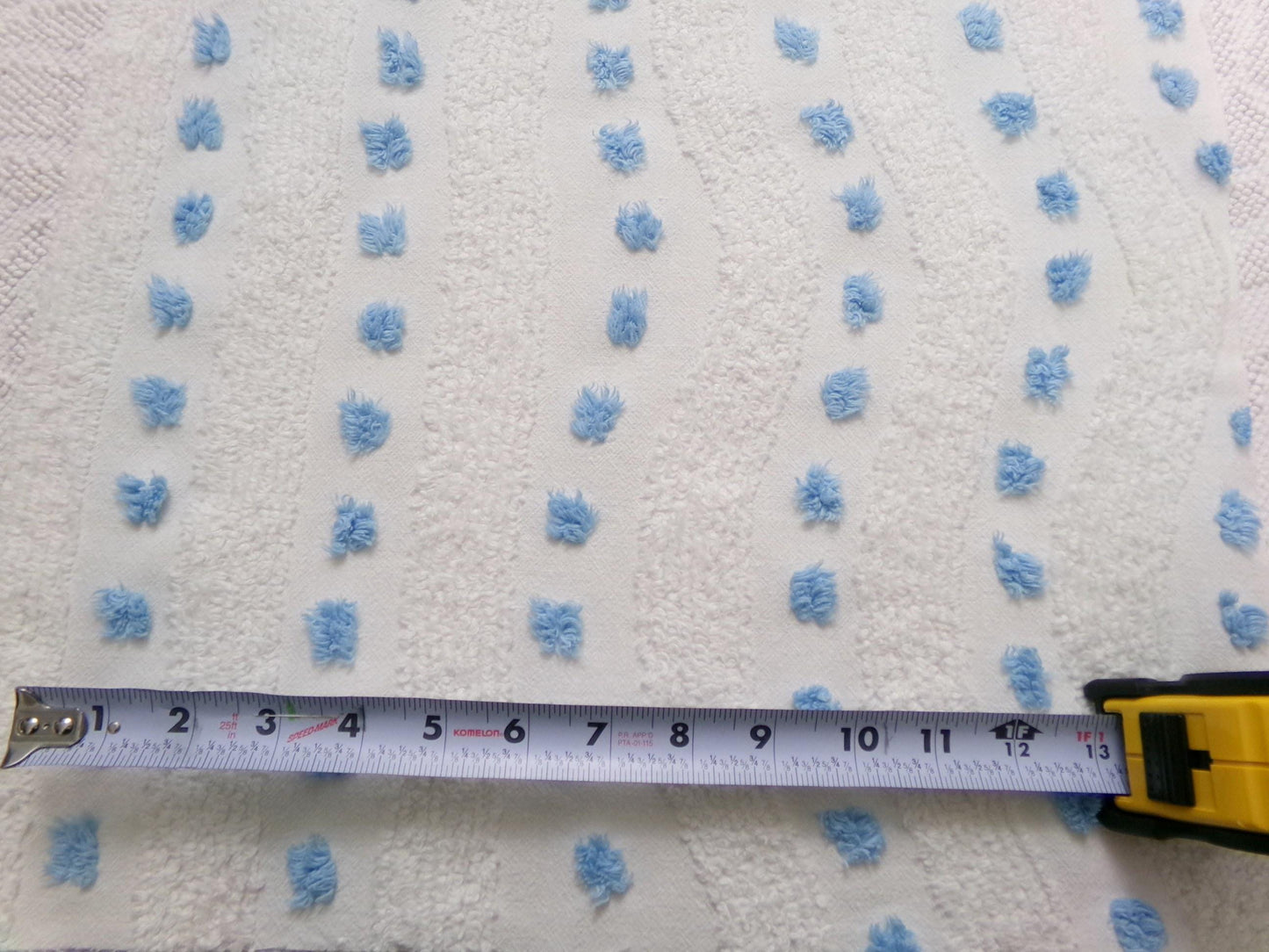 Vintage Chenille Fabric Piece, Shabby Lightweight Blue & White Wave Dots, 16" x 23"