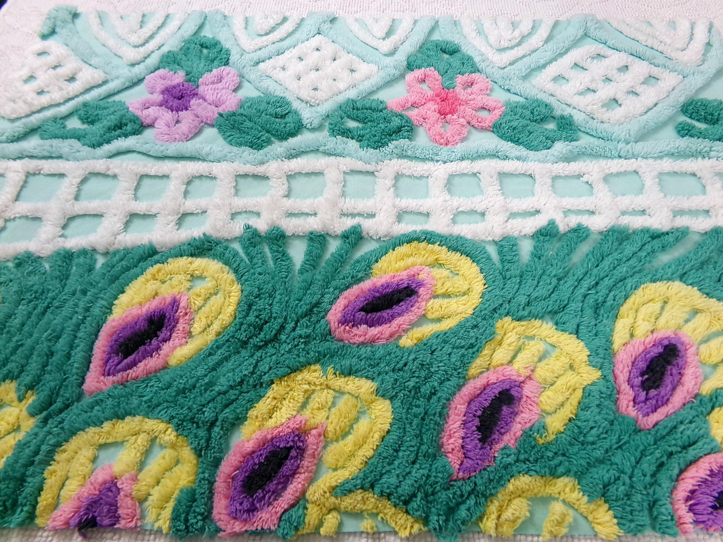 vintage seafoam chenille bedspread fabric, plush peacock feathers & tropical florals, 19" x 26" piece