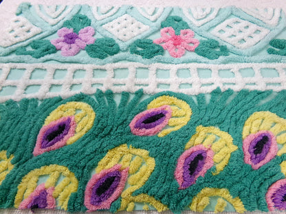 vintage seafoam chenille bedspread fabric, plush peacock feathers & tropical florals, 19" x 26" piece