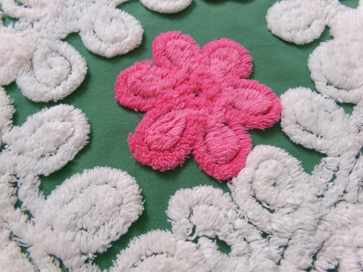 Vintage Chenille Bedspread Fabric, evergreen pink rose white swirl sewing craft quilt material, 20" x 24" piece