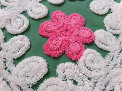 Vintage Chenille Bedspread Fabric, evergreen pink rose white swirl sewing craft quilt material, 20" x 24" piece