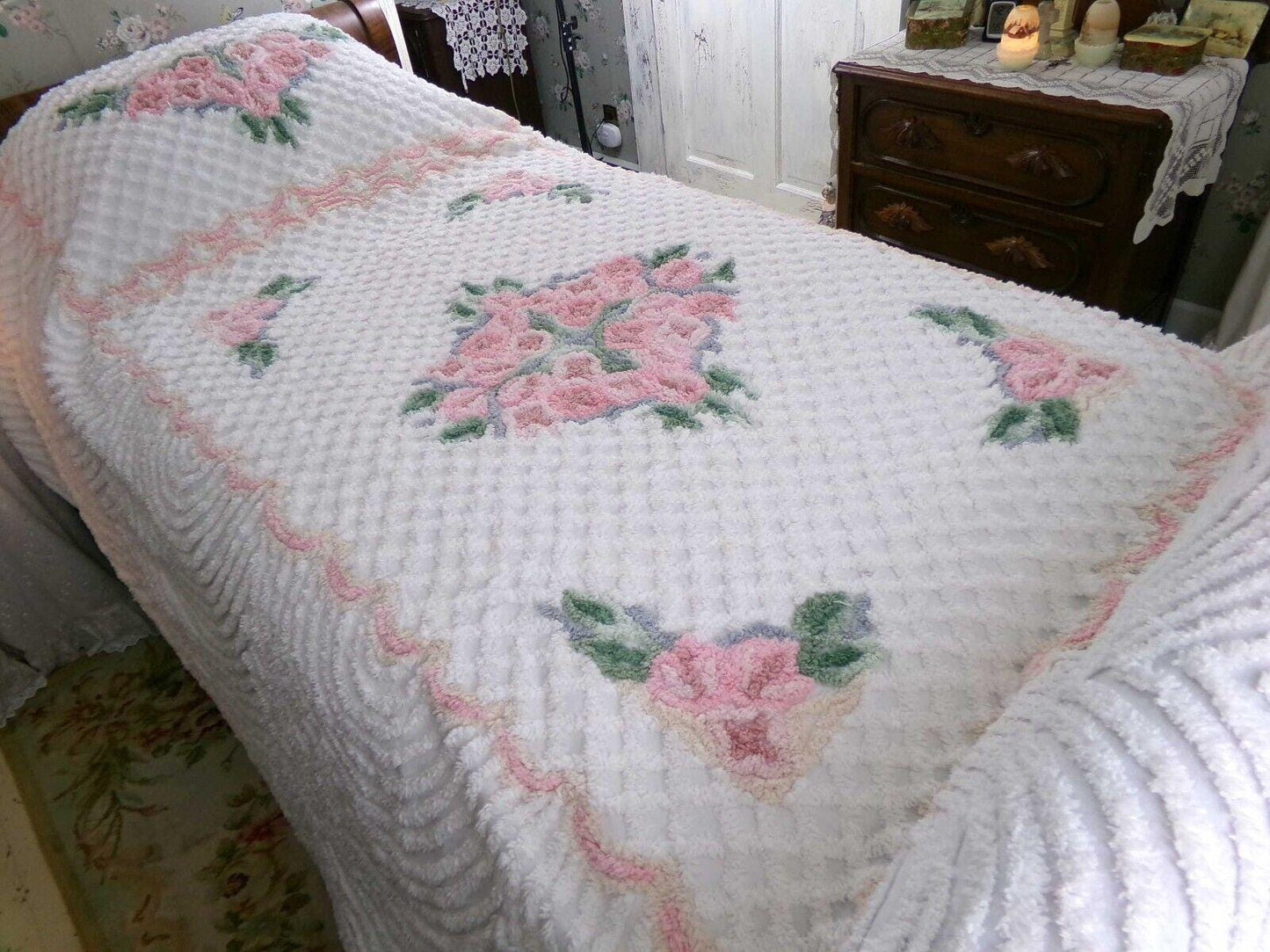 Plush Luxury Pink Rose Vintage White Chenille Bedspread, 100% Cotton, Twin Size
