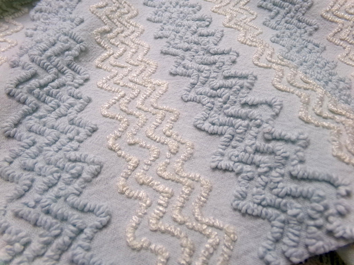 pastel blue & white vintage chenille fabric 23" x 20" gentle zig zag texture quilting material