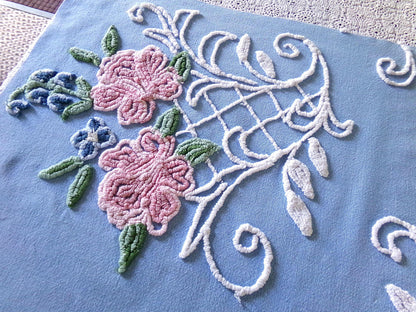 divine pink rose vintage chenille fabric, 17.5" x 32" inch piece, White Trellis & Scrollwork on Sky Blue Cotton, for Quilts, Pillows