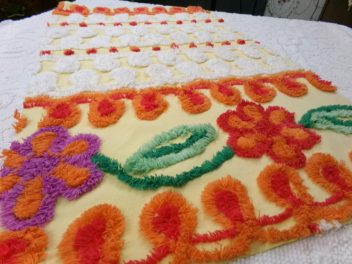 Sunny Side Up Yellow Vintage Chenille Fabric, tufted floral curlicue dots, piece sewing craft quilt material, 16" x 27"