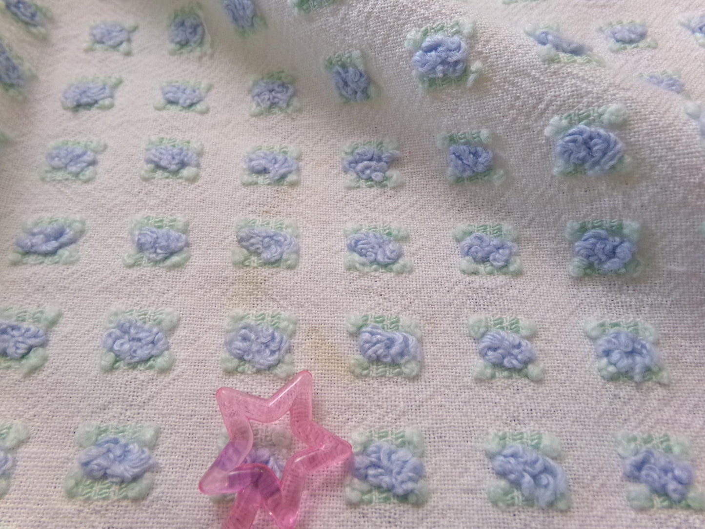 Tiny Blue Rosebuds Vintage Chenille Quilt Fabric, 18" x 21" inch Piece Lightweight Mini Roses