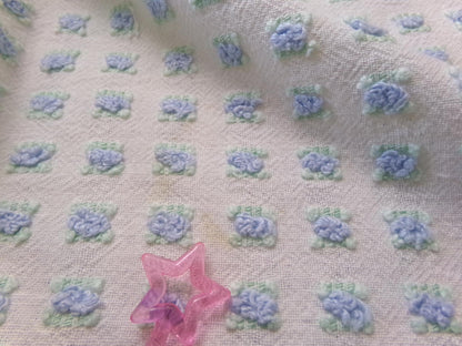 Tiny Blue Rosebuds Vintage Chenille Quilt Fabric, 18" x 21" inch Piece Lightweight Mini Roses