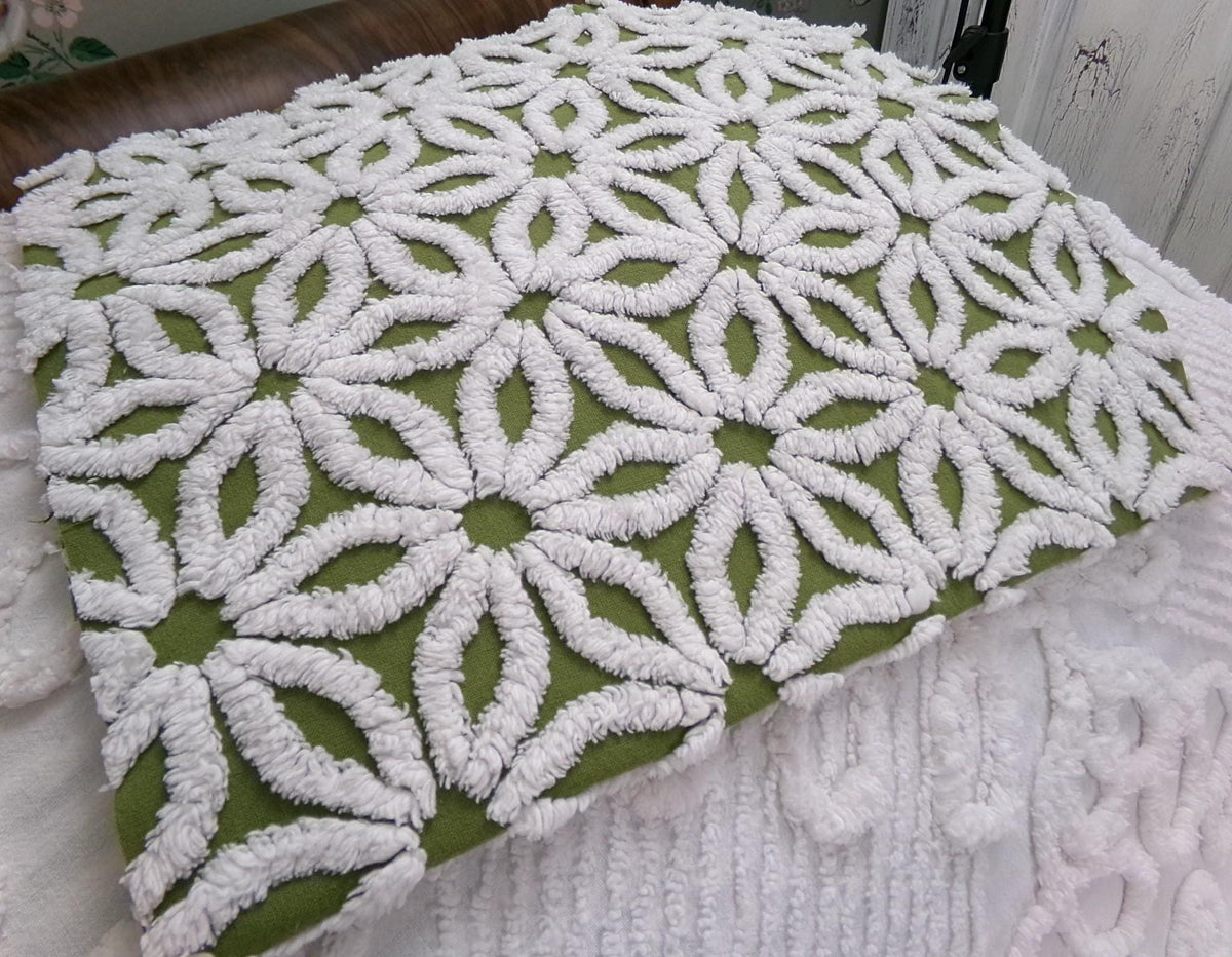 Boho Olive Green Vintage Chenille Fabric, High Contrast White Daisy 18x24" Pc