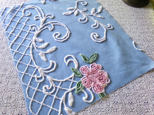 shabby chic pink rose vintage chenille fabric, pretty blue background, dainty white scrollwork, 18" x 22" piece of sewing material