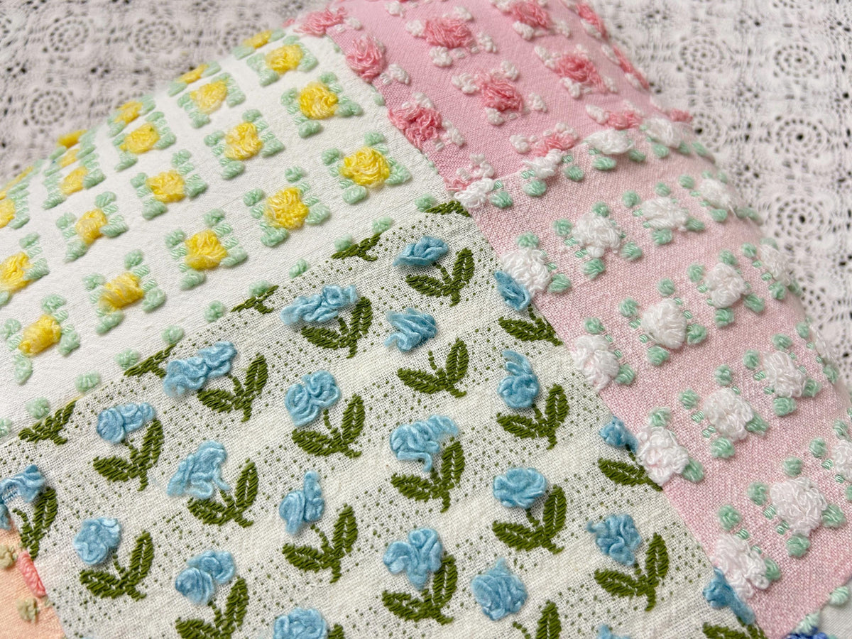 Vintage Rose Chenille Pillow Cover, 16" Square Reversible Patchwork Floral Design