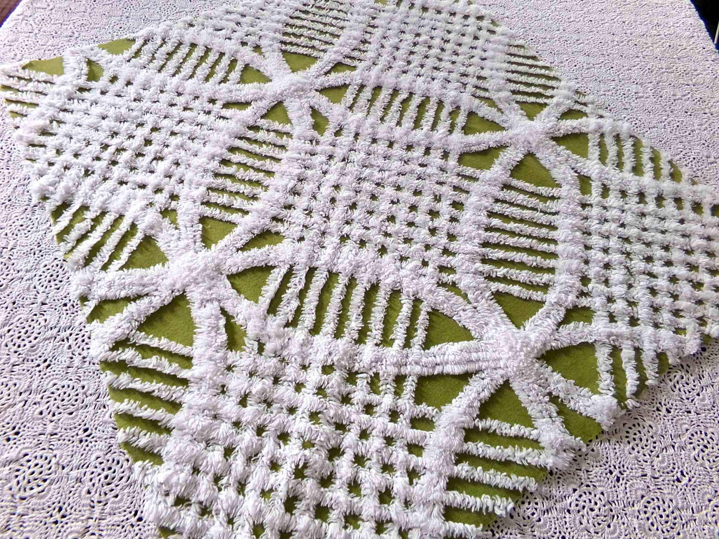 Boho Olive Army Green Vintage Chenille Fabric, 22" x 20" inch Piece, Retro 1970s Hippie Vibes