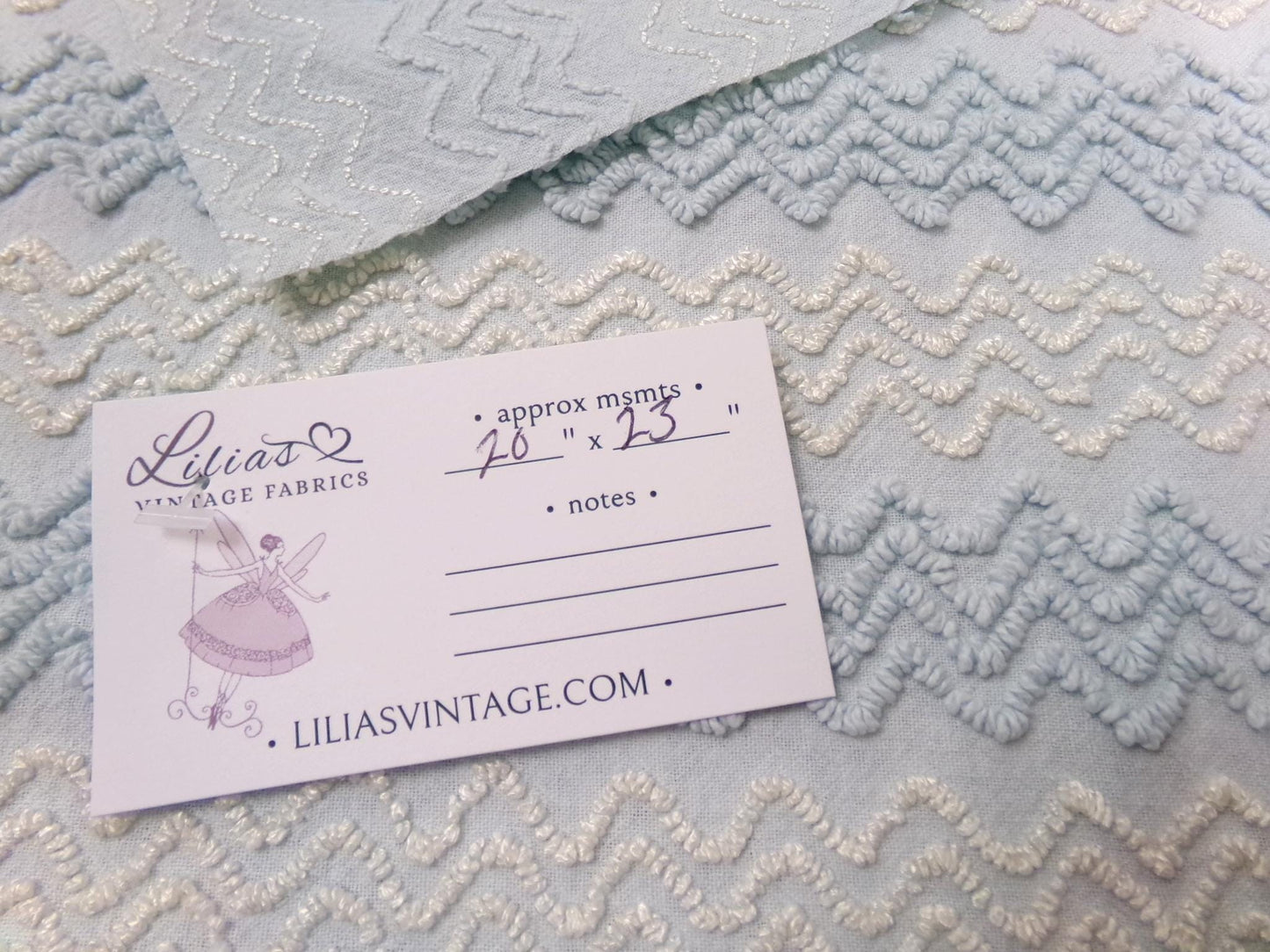 pastel blue & white vintage chenille fabric 23" x 20" gentle zig zag texture quilting material