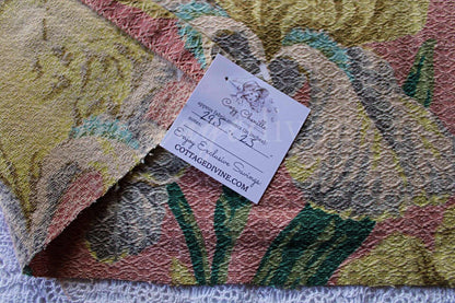 Vintage IRIS Floral Barkcloth Fabric Piece, 29.5" x 23" inches, Mauve Pink Rose & Old Fashioned Yellow Blooms, Deconstructed Curtain Panel