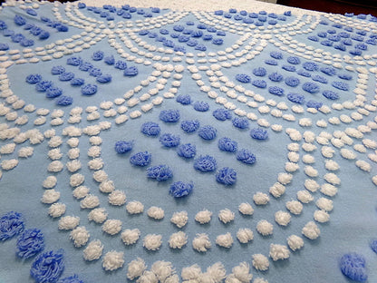Blue Shell Scallops Vintage Chenille Bedspread Fabric Coastal Pops 24x26"