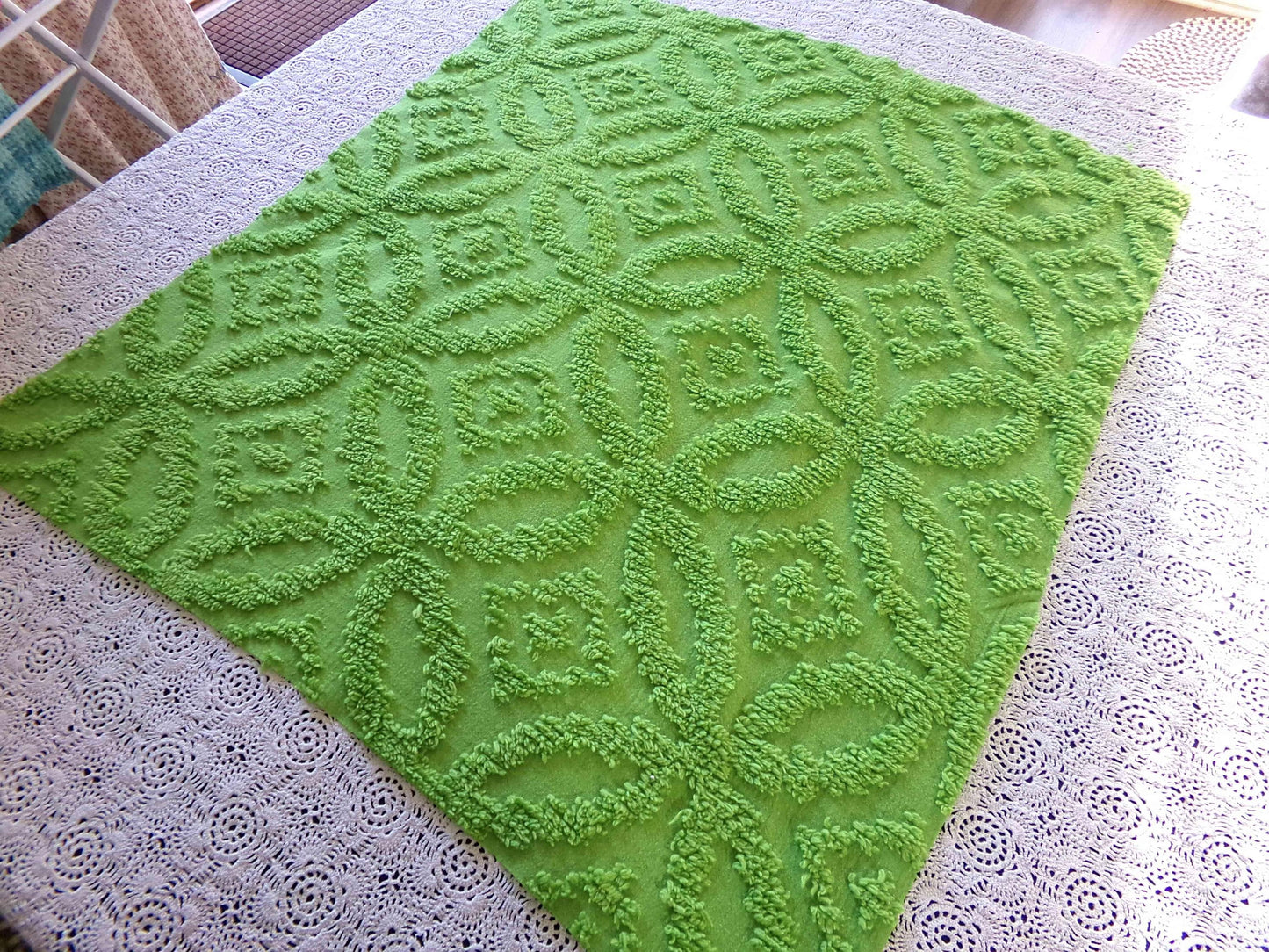 Vintage Neon Green Chenille Fabric Piece Lightweight Lime Cotton 22x24"