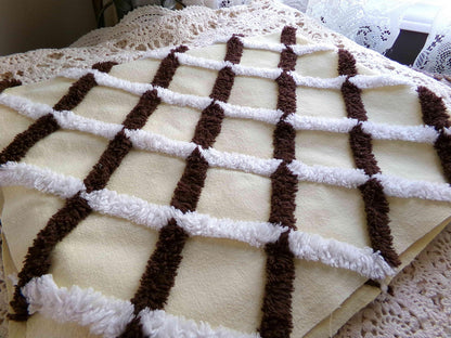 buttery yellow vintage chenille fabric in chocolate white crosshatch pattern, unique 20" x 25" piece of quilt material for crafts & sewing