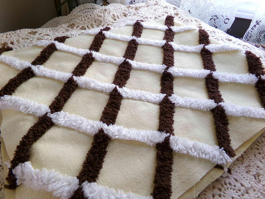 buttery yellow vintage chenille fabric in chocolate white crosshatch pattern, unique 20" x 25" piece of quilt material for crafts & sewing