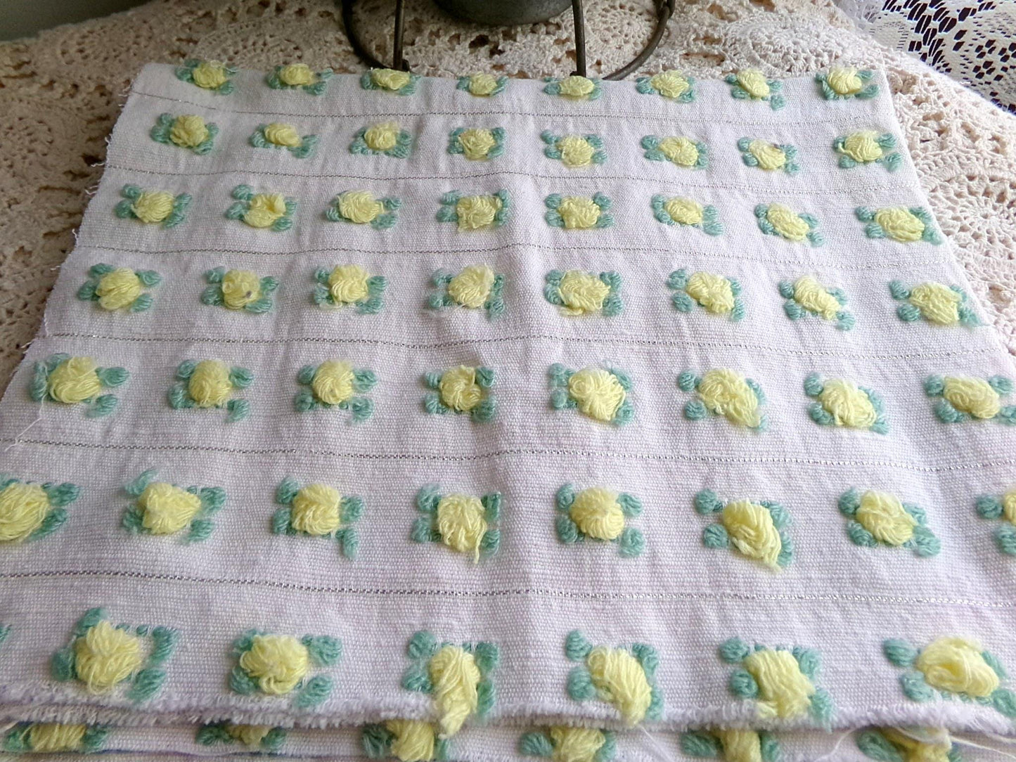 vibrant yellow rosebud vintage chenille fabric, Bates rose design silver lurex 18" x 21" piece