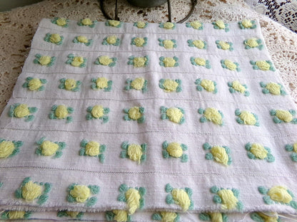 vibrant yellow rosebud vintage chenille fabric, Bates rose design silver lurex 18" x 21" piece