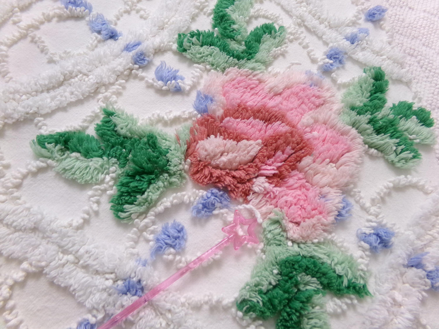 shabby romantic vintage chenille bedspread fabric, pink rose quilt material, 26" x 30" piece