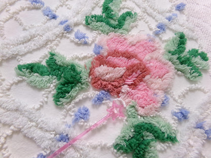 shabby romantic vintage chenille bedspread fabric, pink rose quilt material, 26" x 30" piece