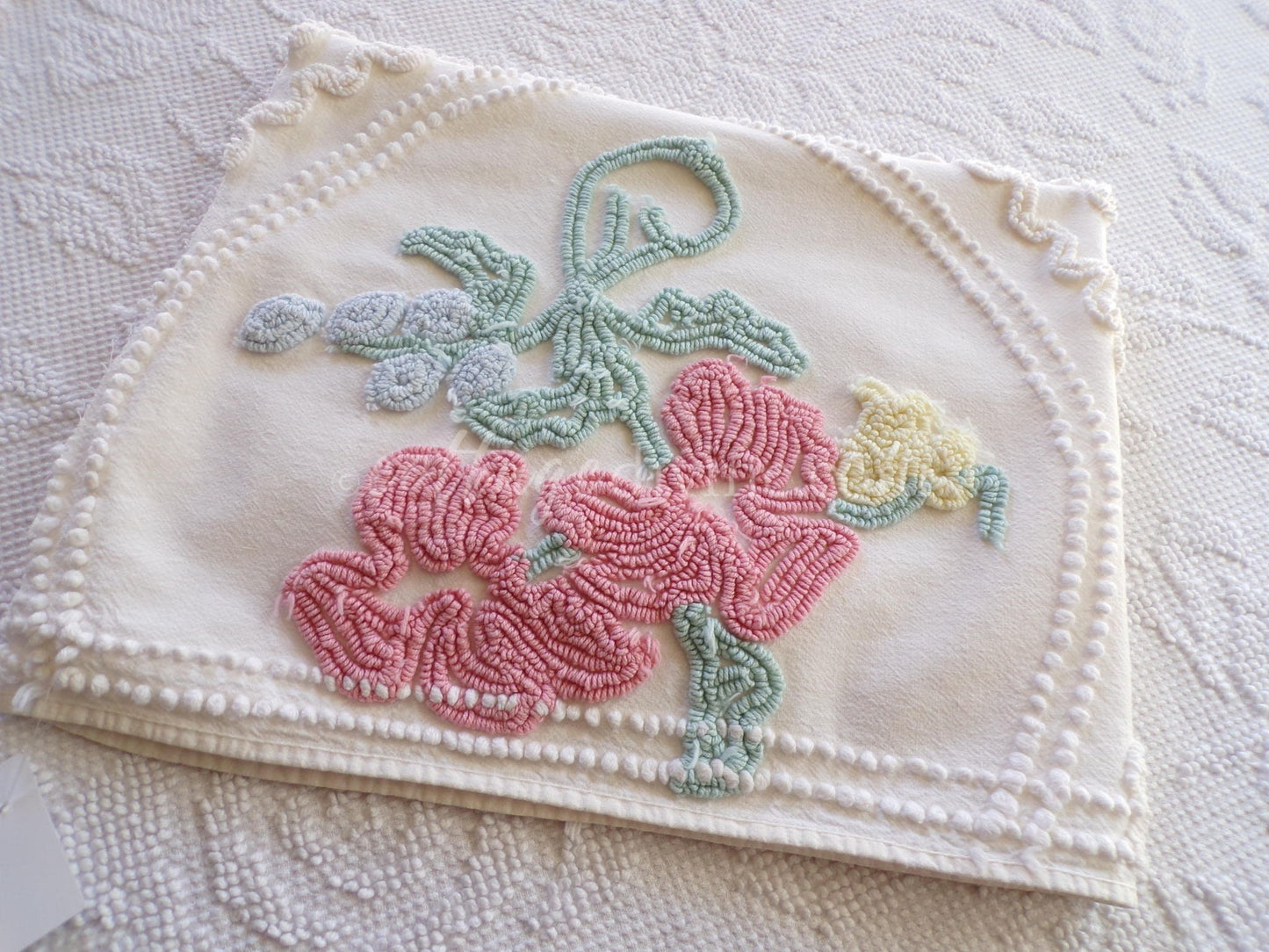 Angelic Lily Vintage Chenille Quilt Fabric Piece, 18" x 25" inches, Pretty in Pillows