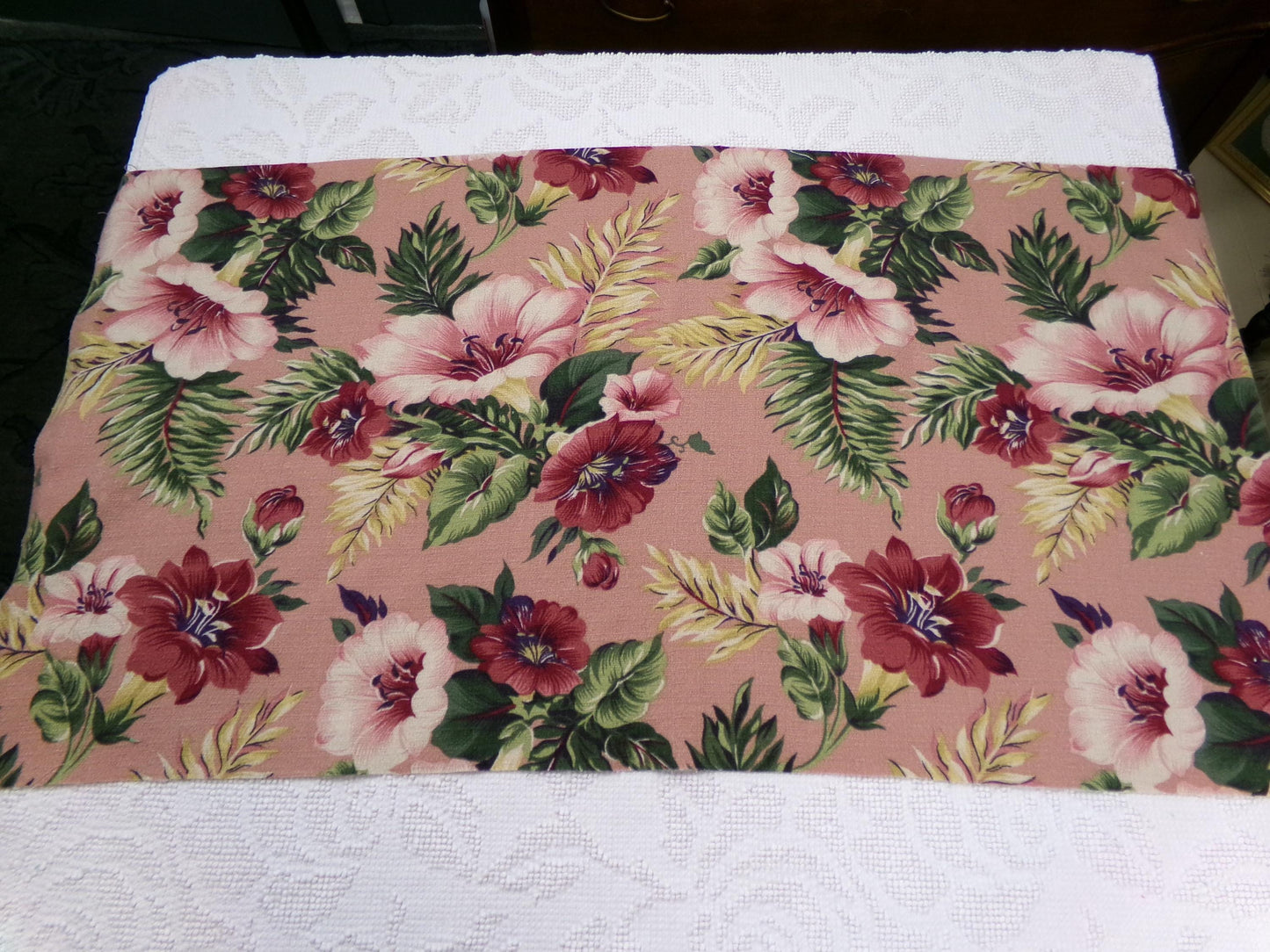 Vintage Barkcloth Fabric Mauve Tropical Hibiscus Floral Island Cottage Shabby 17x36"