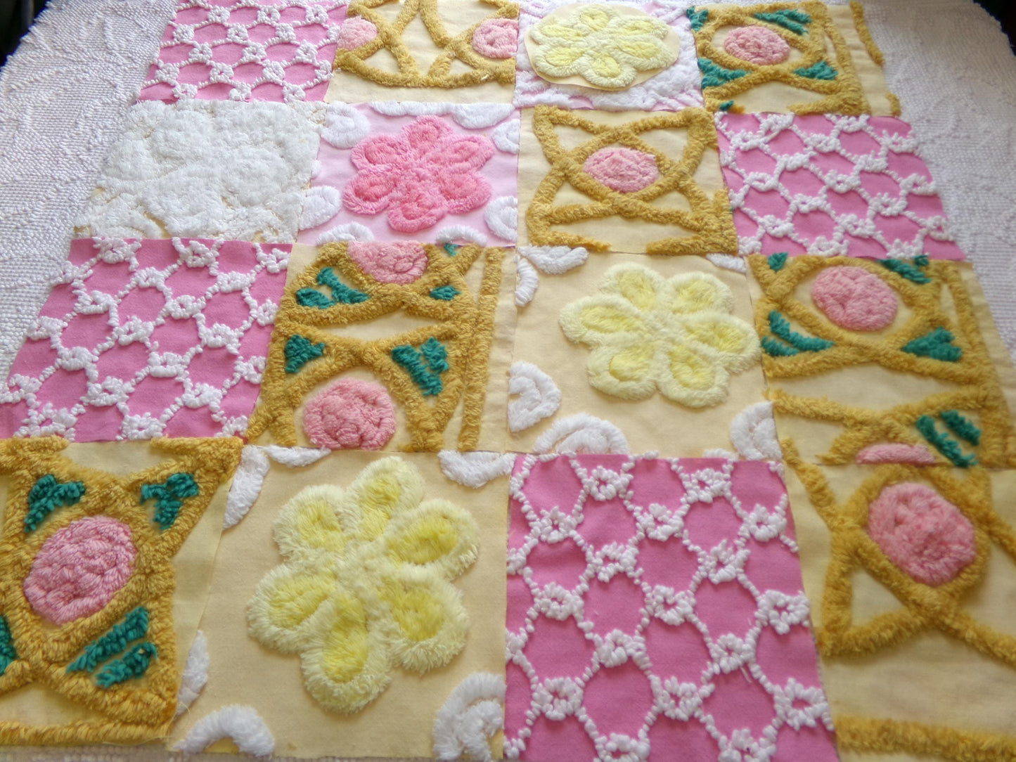 vintage chenille fabric squares, "secret garden" set of 16 floral 6" quilt blocks in yellow, rose pink, gold