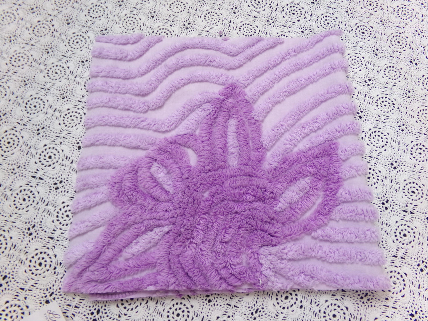 Lilac Floral Vintage Chenille Bedspread Fabric Piece 10.75x22" Plush Sewing Material