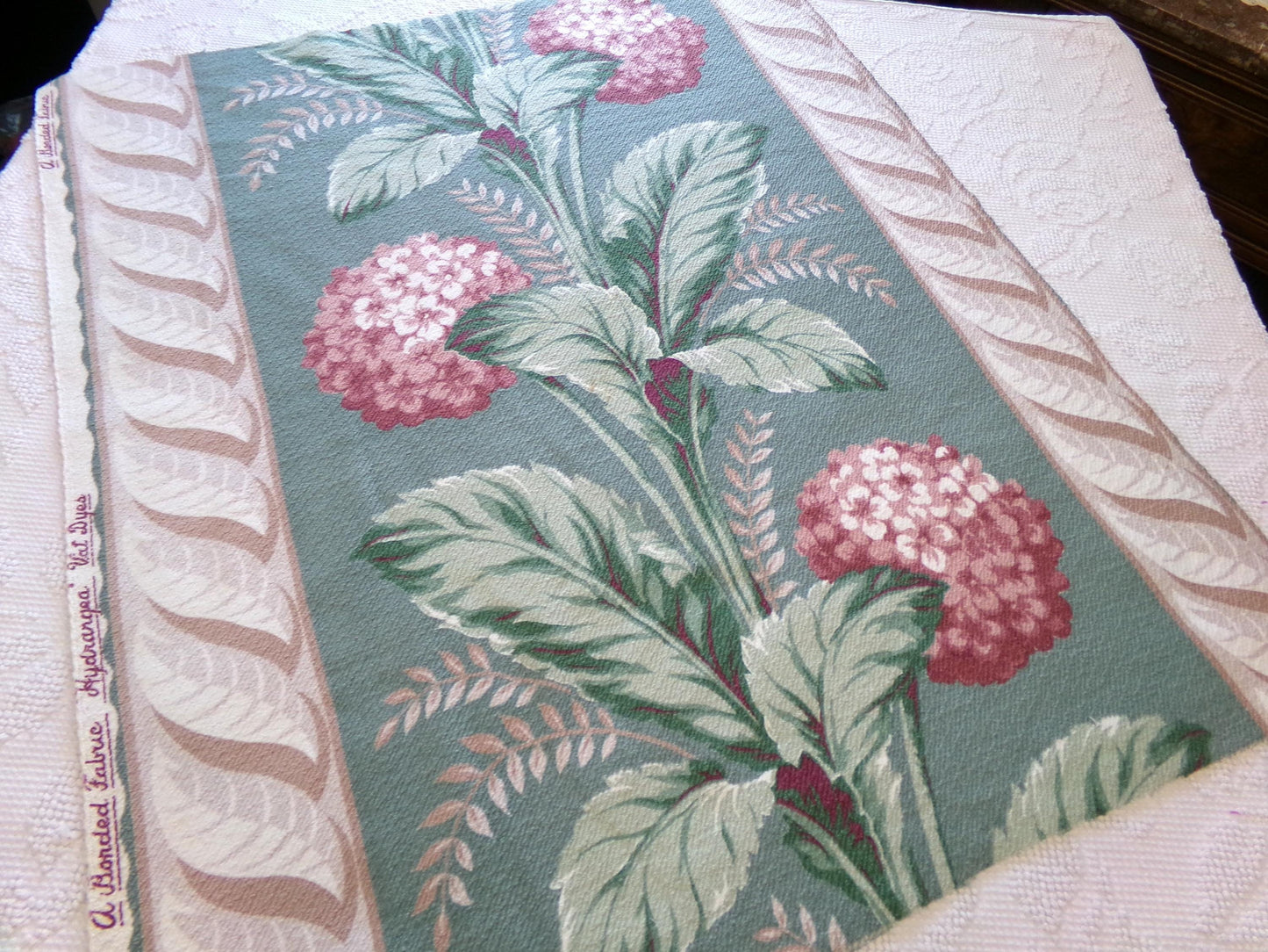 Vintage Style Hydrangea Barkcloth Fabric Piece, 27" x 23" inches, Pink Floral on Green, Great for Shabby Chic Pillows