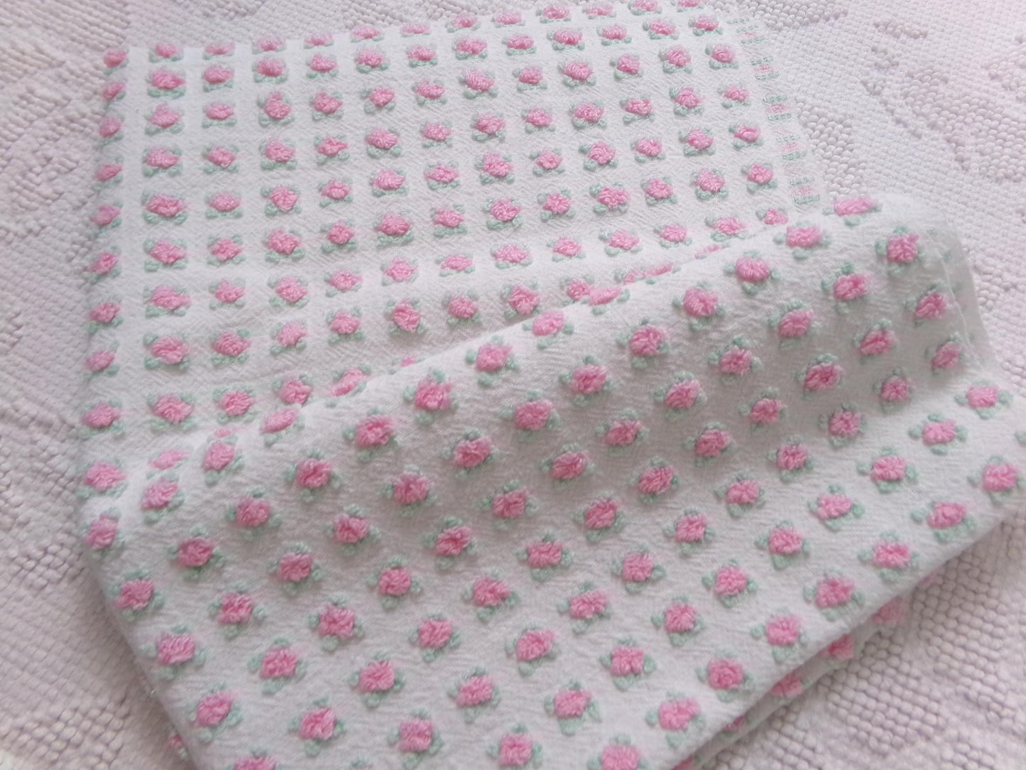 Shabby Tiny Tuft Pink Rosebud Vintage Chenille Fabric, Mini Rose Pattern, 20" x 12"