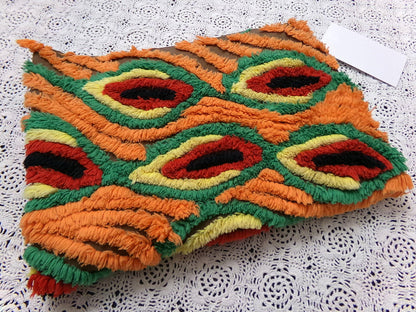 peacock feathers vintage chenille bedspread fabric boho exotic plumes brown orange 14.5x19.5"