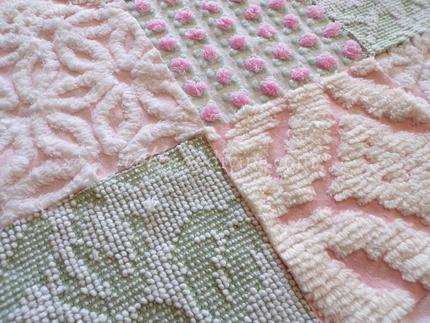 flower nymph chenille fabric squares, pink rosebuds, white daisy, sage green, 16 vintage 6" x 6" quilt squares for sewing & crafts