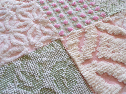 flower nymph chenille fabric squares, pink rosebuds, white daisy, sage green, 16 vintage 6" x 6" quilt squares for sewing & crafts