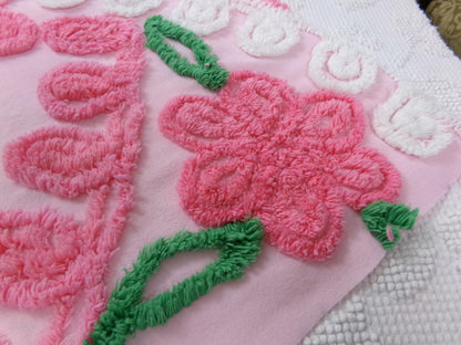 Pink Floral Vintage Chenille Bedspread Fabric, shabby cottage sewing craft quilt material, 20" x 24" piece
